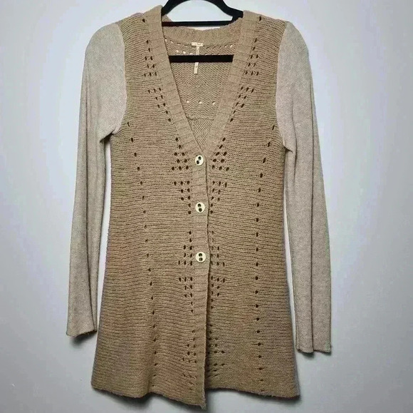 FREE PEOPLE Knit Wool Buttoned Womens Cardigan Tan Size XSmall - Picture 2 of 7